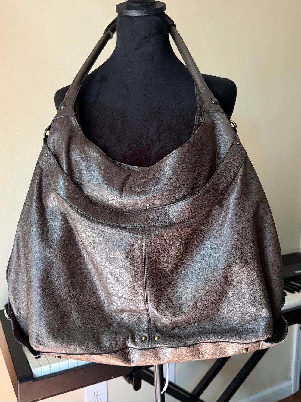 Slouch hobo Multi pocket oversized shoulder bag purple polka dot lining leather - Picture 4 of 9